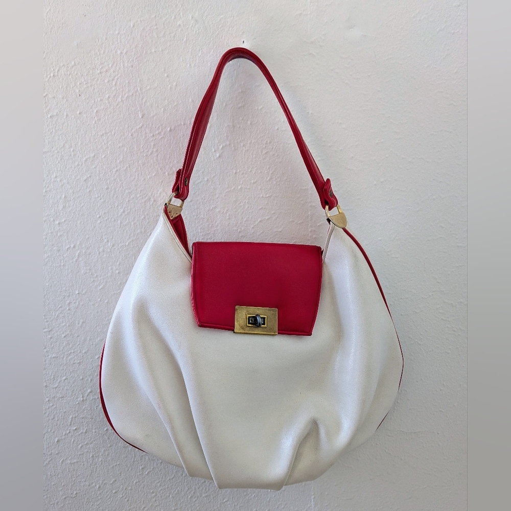 White and Red Shoulder Bag with Gold Accent